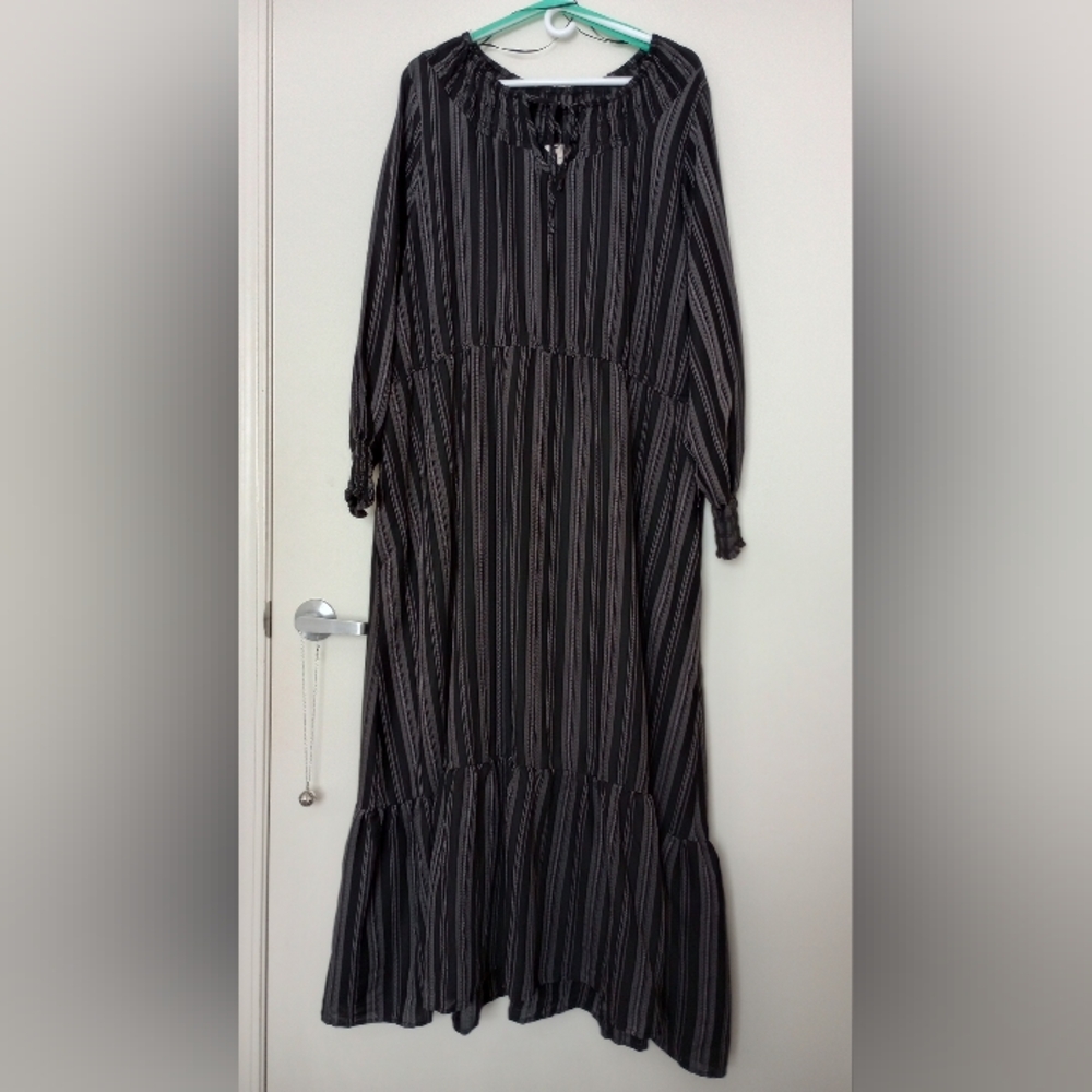 New! Black with Gray Stripes Rayon Maxi Dress